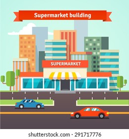 Roadside supermarket or local store and cityscape background. Flat isolated vector illustration.