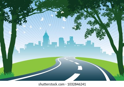 Roadside trees. Cheerful summer day. View of road, trees, meadows and the skyline of the city.
