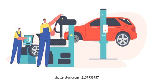 Roadside Vehicle Repair Service Workers Change and Mount Tires at Garage for Car Stand on Elevator. Male Characters Wear Uniform Replace Tyres at Mechanic Workshop. Cartoon People Vector Illustration