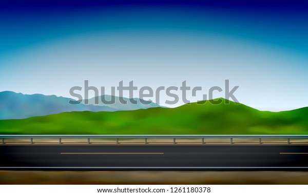 Roadside view with\
a crash barrier, green nature and clear blue sky background, road,\
vector illustration
