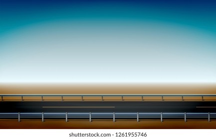 Roadside view with a crash barrier, straight horizon desert and clear blue sky background, road, vector illustration