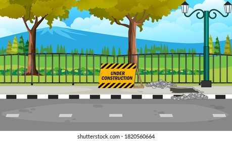 Roadside view with sewers being repaired and under construction caution alert sign