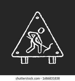 Roadsign chalk white icon on black background. Road works ahead sign. Man digging with shovel. Attention plate for street block. Repair and construction. Isolated vector chalkboard illustration