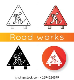 Roadsign icon. Road works ahead sign. Man digging with shovel. Attention plate for street block. Repair and construction. Linear black and RGB color styles. Isolated vector illustrations