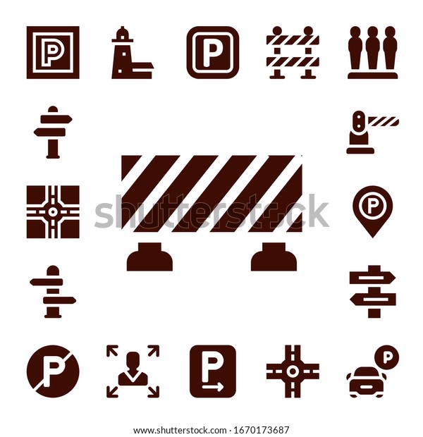 roadsign icon\
set. 17 filled roadsign icons. Included Parking, Sign Post,\
Crossroad, Barrier, Direction, Parking sign, Direction sign, No\
parking, Split point, Decision making\
icons