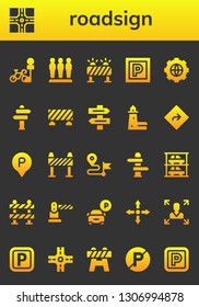 roadsign icon set. 26 filled roadsign icons.  Collection Of - Parking, Crossroad, Barrier, Options, Sign Post, Direction sign, Split point, Direction, Parkings, Directions, Decision making