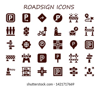 roadsign icon set. 30 filled roadsign icons.  Collection Of - Parking, Direction, No parking, Barrier, Split point, Options, Parking sign, Crossroad, Sign Post, Parkings, Direction sign