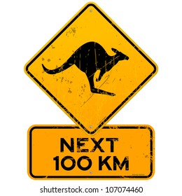 Roadsign Kangaroos Next 100 km - Yellow Kangaroo roadsign with next 100 km additional table