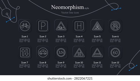 Roadsign neomorphism set icon. Bicycle pathway, parking marker, pedestrian crossing, directional guidance, vehicle restriction, speed limitation graphics.