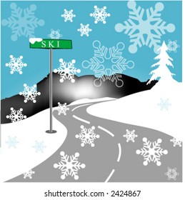 Señal de ruta con "SKI" en la nieve de invierno