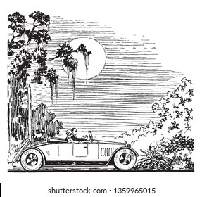 Roadster is a couple driving under the moonlight in an old style roadster, vintage line drawing or engraving illustration.