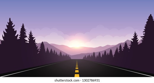 roadtrip adventure staight road and forest landscape at sunrise vector illustration EPS10