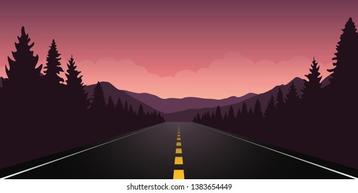 roadtrip adventure staight road and forest landscape vector illustration EPS10