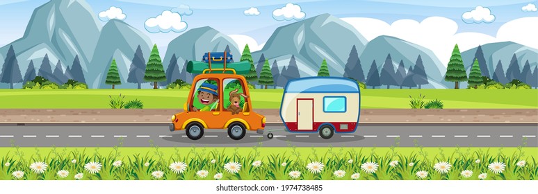 Roadtrip in the beautiful scenic view illustration