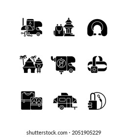 Roadtrip Black Glyph Icons Set On White Space. Travel Equipment. Spiritual Nomad. Resort For Tourists. Recreational Getaway. Summer Vacation. Silhouette Symbols. Vector Isolated Illustration