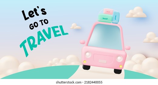 Roadtrip with car around the world and pastel color scheme background 3d realistic style vector illustration