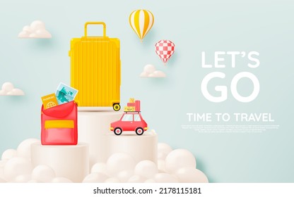 Roadtrip with car and luggage and hot color scheme background 3d realistic style vector illustration