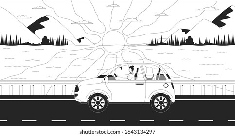 Roadtrip couple driving along scenic sunset lake highway lofi illustration outline. Evening car travel. Mountain lakeside road trip 2D ink linear lo fi drawing. Vector line art aesthetic wallpaper
