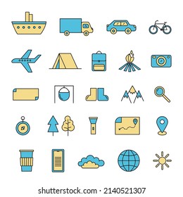 Roadtrip icons set. Blue and yellow. Vector illustration