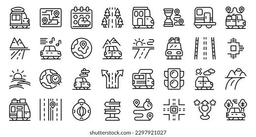 Roadtrip icons set outline vector. Excursion car. Summer travel