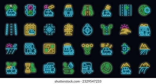 Roadtrip icons set outline vector. Excursion car. Summer travel neon color on black