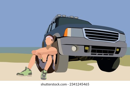 Roadtrip travel with vehicle. An offroad car on the beach and a shirtless man sitting in the sand. Road trip traveling alone