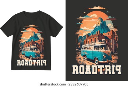 Roadtrip.Exotic retro vintage style summer holiday travel clothing t shirt vector graphics design illustration.slogan tees.tropical hawaii surfing palms palm tree surfer sport surfboard trees sea sun