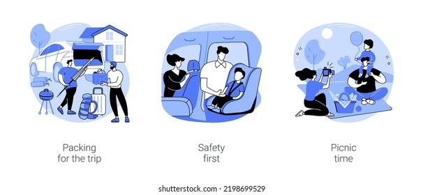 Roadtripping isolated cartoon vector illustrations set. Packing for the trip, friends pack barbecue grill in the car trunk, safety first, fasten seat belt, family having picnic vector cartoon.