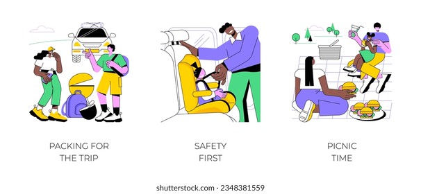 Roadtripping isolated cartoon vector illustrations set. Packing for the trip, friends pack barbecue grill in the car trunk, safety first, fasten seat belt, family having picnic vector cartoon.