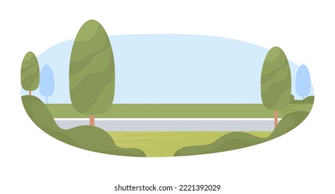 Roadway 2D vector isolated illustration. Roadside greenery flat objects on cartoon background. Suburban road. Infrastructure colourful editable scene for mobile, website, presentation