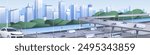 Roadway, cityscape panorama with skyscrapers. Bridge of driveway, highway overpass. Cars, vans, buses drive by road interchange, junction. City infrastructure. Urban traffic. Flat vector illustration