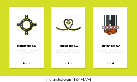Roadway flat icon set. Building, asphalt, car isolated vector sign pack. Road works and construction concept. Vector illustration symbol elements for web design and apps