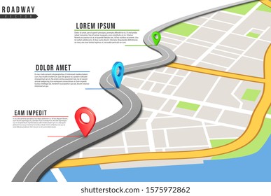 Roadway infographic. Locations map, highway pinned points with information. City map and navigation gps locations. Road traffic vector illustration