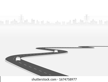 Roadway journey to the future. Asphalt street isolated on city background. Symbols Way to the goal of the end point. Path mean successful business planning Suitable for advertising and presentstation