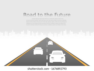 Roadway journey to the future. Asphalt street isolated on city background. Symbols Way to the goal of the end point. Path mean successful business planning Suitable for advertising and presentstation