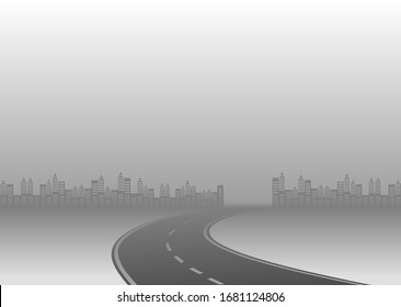 Roadway journey to the future. Asphalt street isolated on city background. Symbols Way to the goal of the end point. Path mean successful business planning Suitable for advertising and presentstation