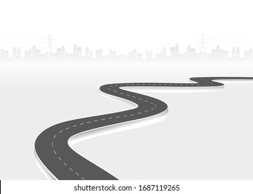 Roadway journey to the future. Asphalt street isolated on city background. Symbols Way to the goal of the end point. Path mean successful business planning Suitable for advertising and presentstation