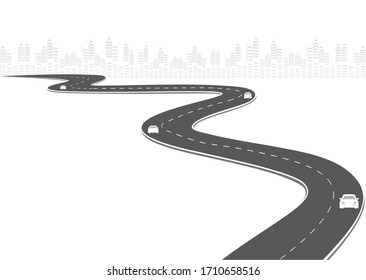 Roadway journey to the future. Asphalt street isolated on city background. Symbols Way to the goal of the end point. Path mean successful business planning Suitable for advertising and presentstation