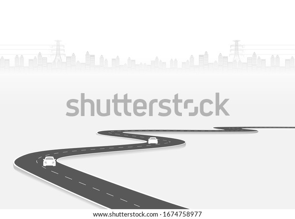 Roadway journey to the future. Asphalt\
street isolated on city background. Symbols Way to the goal of the\
end point. Path mean successful business planning Suitable for\
advertising and\
presentstation