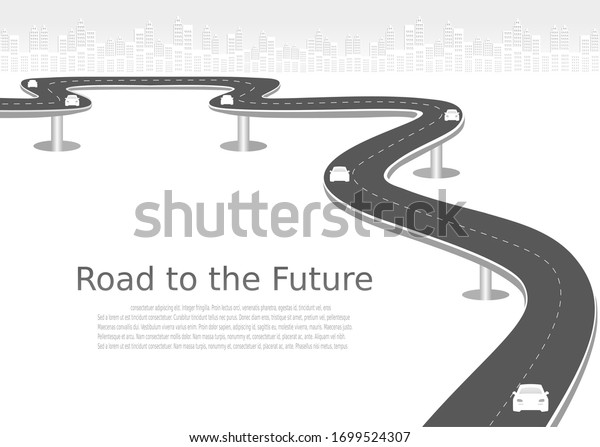 Roadway journey to the future. Asphalt\
street isolated on city background. Symbols Way to the goal of the\
end point. Path mean successful business planning Suitable for\
advertising and\
presentstation