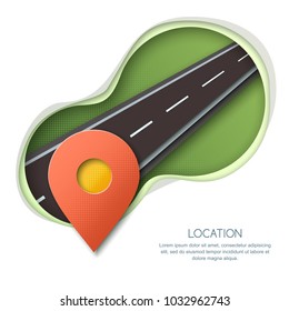 Roadway Location And GPS Navigation Concept. Paper Cut Style Vector Isolated Illustration Of Pin Map Symbol, Waypoint Marker. Banner, Flyer Or Poster Design Elements.