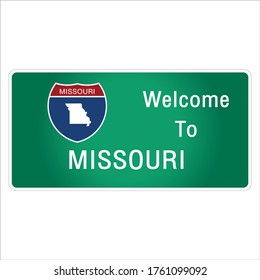 Roadway sign Welcome to Signage on the highway in american style Providing missouri state information and maps On the green background of the sign vector art image illustration 