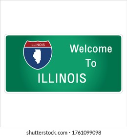 Roadway sign Welcome to Signage on the highway in american style Providing Illinois state information and maps On the green background of the sign vector art image illustration 