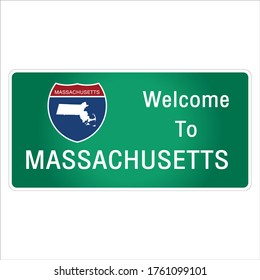 Roadway sign Welcome to Signage on the highway in american style Providing massachusetts state information and maps On the green background of the sign vector art image illustration 