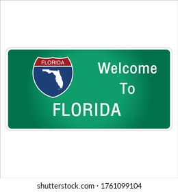 Roadway sign Welcome to Signage on the highway in american style Providing florida state information and maps On the green background of the sign vector art image illustration 