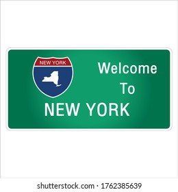 Roadway sign Welcome to Signage on the highway in american style Providing new york state information and maps On the green background of the sign vector art image illustration 