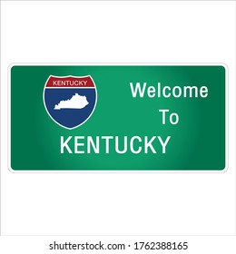 Roadway sign. Welcome to signage on the highway in American style. It Providing Kentucky state information and maps On a green background. Sign vector art image illustration.