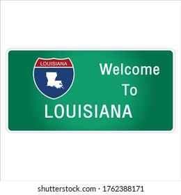 Roadway sign. Welcome to signage on the highway in American style. It Providing Louisiana state information and maps On a green background. Sign vector art image illustration.