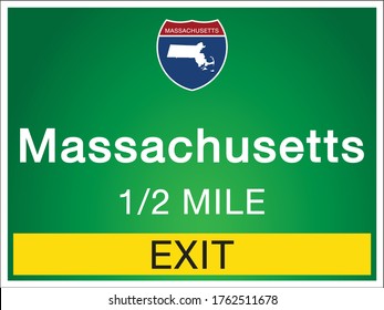 Roadway sign Welcome to Signage on the highway in american style Providing Massachusetts state information and maps On the green background of the sign vector art image illustration 