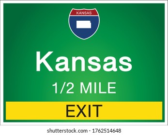 Roadway sign Welcome to Signage on the highway in american style Providing Kansas state information and maps On the green background of the sign vector art image illustration 